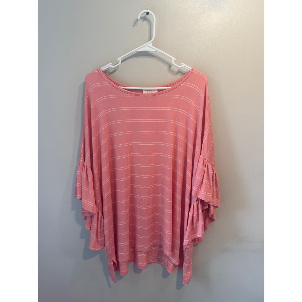 Fantastic Fawn Pink Striped Ruffle Bell Sleeve Poncho Top Large Made in USA